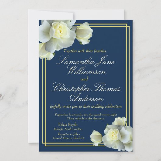 Marine Blauw Foto Elegant Goud Script Wit Rose Kaart (Voorkant)
