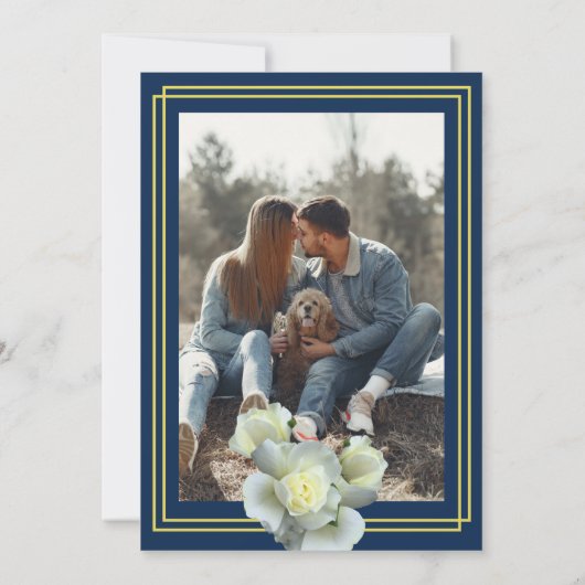 Marine Blauw Foto Elegant Goud Script Wit Rose Kaart (Achterkant)