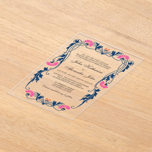 Marine Blauw & Fuchsia Bloemen Wervelingen Acryl Uitnodigingen (Laagn)