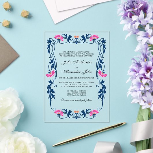 Marine Blauw & Fuchsia Bloemen Wervelingen Acryl Uitnodigingen (Insitu (Huwelijk))
