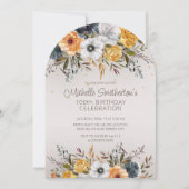 Marine Blauw Geel Bloemen Glitter 100e Verjaardag Kaart (Voorkant)