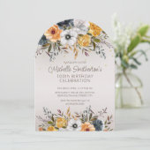 Marine Blauw Geel Bloemen Glitter 100e Verjaardag Kaart (Staand voorkant)