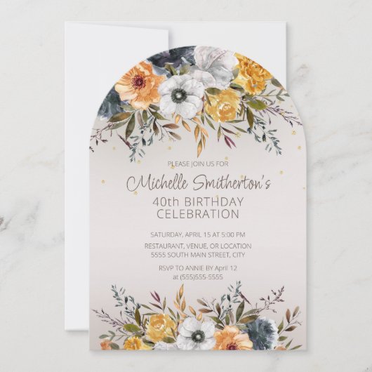 Marine Blauw Geel Bloemen Glitter 40e Verjaardag Kaart (Voorkant)