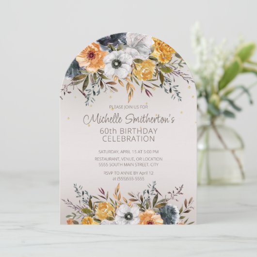 Marine Blauw Geel Bloemen Glitter 60e Verjaardag Kaart (Staand voorkant)