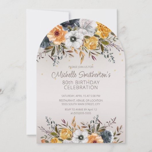 Marine Blauw Geel Bloemen Glitter 80ste Verjaardag Kaart (Voorkant)