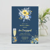 Marine Blauw Geel Bloemen Goud Brunch & Bubbly Kaart (Staand voorkant)