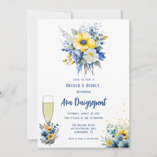 Marine Blauw Geel Bloemen Goud Brunch & Bubbly Kaart (Voorkant)