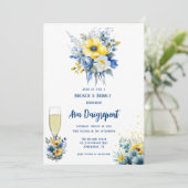 Marine Blauw Geel Bloemen Goud Brunch & Bubbly Kaart (Staand voorkant)