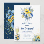 Marine Blauw Geel Bloemen Goud Brunch & Bubbly Kaart (Voorkant / Achterkant)