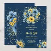 Marine Blauw Geel Bloemen Goud Verlovingsfeest Kaart (Voorkant / Achterkant)