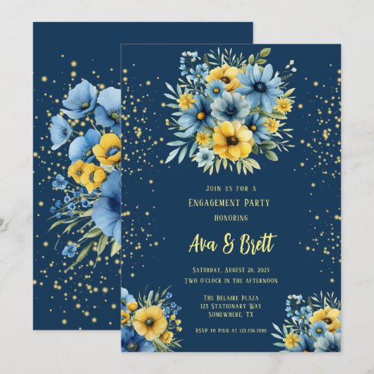 Marine Blauw Geel Bloemen Goud Verlovingsfeest Kaart (Voorkant / Achterkant)