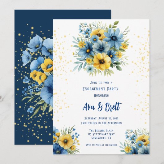 Marine Blauw Geel Bloemen Goud Verlovingsfeest Kaart (Voorkant / Achterkant)