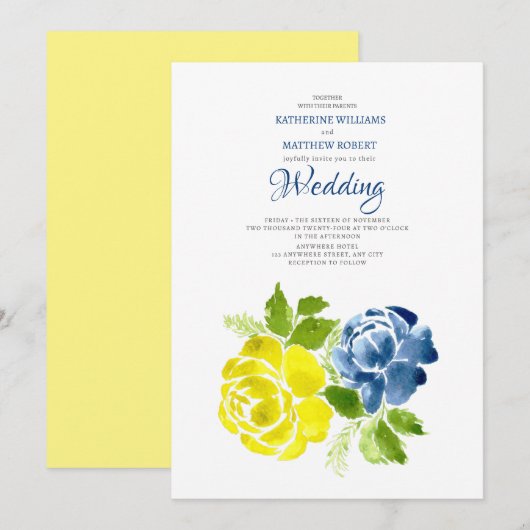 Marine Blauw Geel Bloemen Zomer Bruiloft Kaart (Voorkant / Achterkant)
