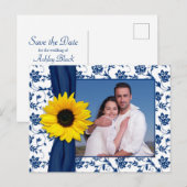 Marine Blauw Geel Damast Zonnebloem Save the Date Aankondigingskaart (Voorkant / Achterkant)