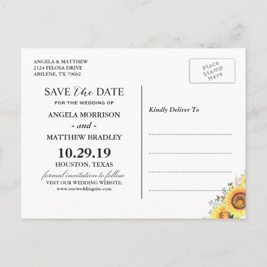 Marine Blauw Geel Zonnebloemen Bruiloft Save the D Aankondigingskaart (Achterkant)