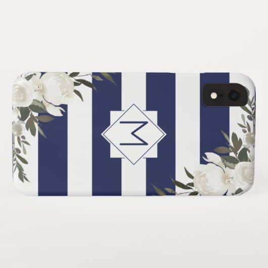 Marine Blauw Gestreepte Bloemen Monogram met Witte Case-Mate iPhone Case (Achterkant (horizontaal))