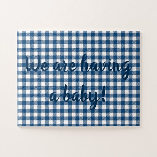 Marine blauw Gingham zwangerschap aankondigings pu Legpuzzel (Horizontaal)