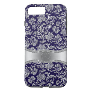 Marine Blauw & Glanzend Zilver Bloemen Damasks iPhone 8/7 Plus Hoesje