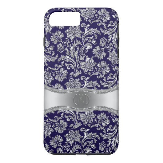Marine Blauw & Glanzend Zilver Bloemen Damasks Case-Mate iPhone Case (Achterkant)