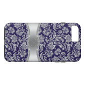 Marine Blauw & Glanzend Zilver Bloemen Damasks Case-Mate iPhone Case (Achterkant (Horizontaal))