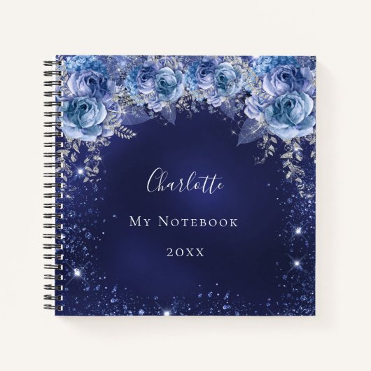 Marine blauw glitter bloemen naam dagboek notitieboek (Voorkant)