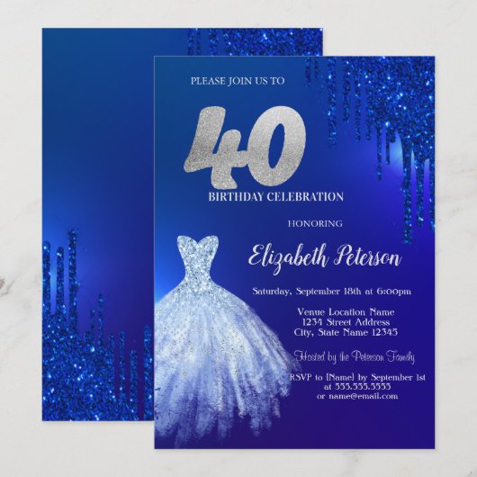 Marine Blauw Glitter Drips, Jurk Blauw 40e Verjaar Kaart (Voorkant / Achterkant)
