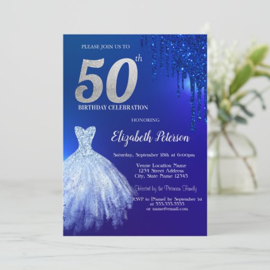 Marine Blauw Glitter Drips, Jurk Blauw 50ste Verja Kaart (Staand voorkant)