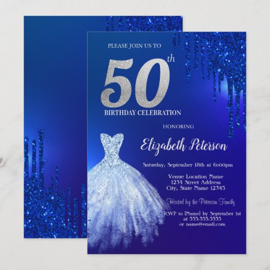 Marine Blauw Glitter Drips, Jurk Blauw 50ste Verja Kaart (Voorkant / Achterkant)