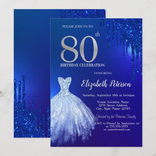 Marine Blauw Glitter Drips, Jurk Blauw 80ste Verja Kaart (Voorkant / Achterkant)