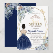 Marine Blauw Glitter Jurk, Blauwe Bloemen Zoet 16 Kaart (Voorkant / Achterkant)