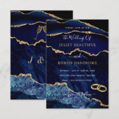 Marine Blauw Glitter Marmer Bruiloft Uitnodiging (Voorkant / Achterkant)