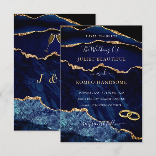 Marine Blauw Glitter Marmer Bruiloft Uitnodiging (Voorkant / Achterkant)