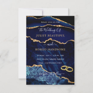 Marine Blauw Glitter Marmer Bruiloft Uitnodiging