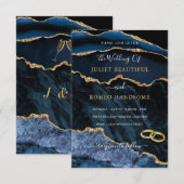 Marine Blauw Glitter Marmer Bruiloft Uitnodiging (Voorkant / Achterkant)