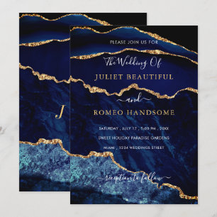Marine Blauw Glitter Marmer Bruiloft Uitnodiging