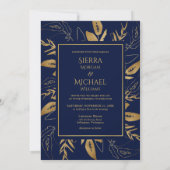 Marine Blauw | Golden Foliage Elegante bruiloft Kaart (Achterkant)