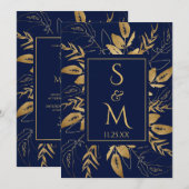 Marine Blauw | Golden Foliage Elegante bruiloft Kaart (Voorkant / Achterkant)