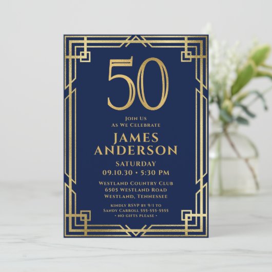 Marine Blauw Goud 50e Verjaardag Foto Kaart (Staand voorkant)