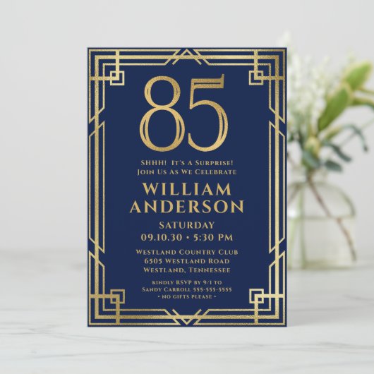 Marine Blauw Goud 85e Verjaardag Foto Surprise Par Kaart (Staand voorkant)