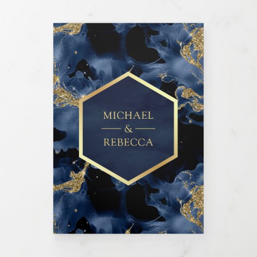 Marine Blauw Goud Abstract Vloeibare Inkt QR Code Drieluik Uitnodiging (Cover)