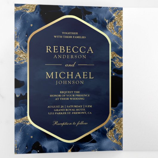 Marine Blauw Goud Abstract Vloeibare Inkt QR Code Drieluik Uitnodiging (Binnenzijde eerst)