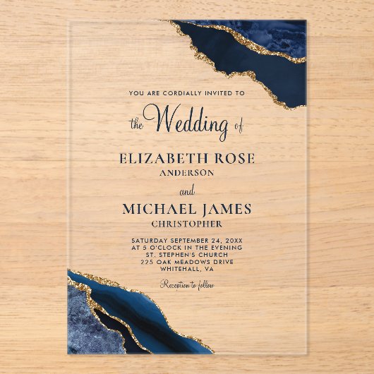 Marine Blauw Goud Agaat Elegant Bruiloft Acryl Uitnodigingen (Voorkant)