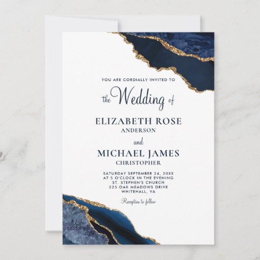Marine Blauw Goud Agaat Elegant Bruiloft Kaart