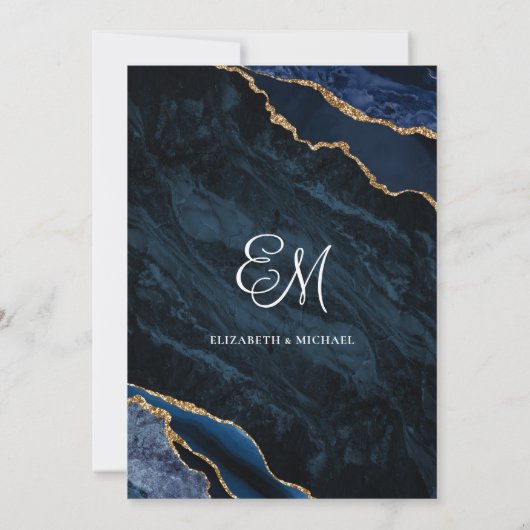 Marine Blauw Goud Agaat Elegant Bruiloft Kaart (Achterkant)