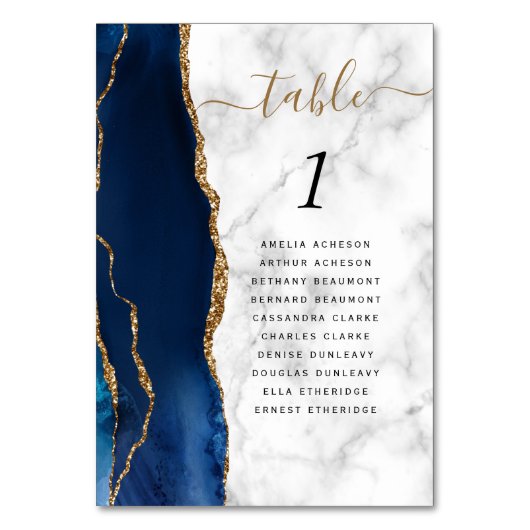 Marine Blauw Goud Agaat Marmer Bruiloft Kaart (Voorkant)