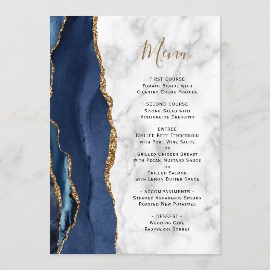 Marine Blauw Goud Agaat Marmer Bruiloft Menu (Voorkant)