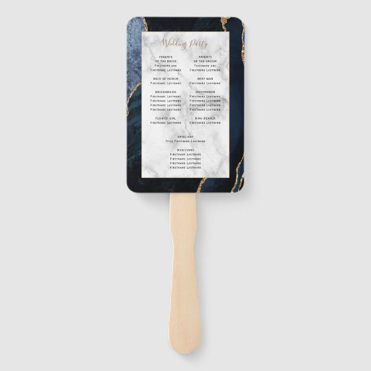 Marine Blauw Goud Agaat Marmer Bruiloft Programma Handwaaier (Achterkant)