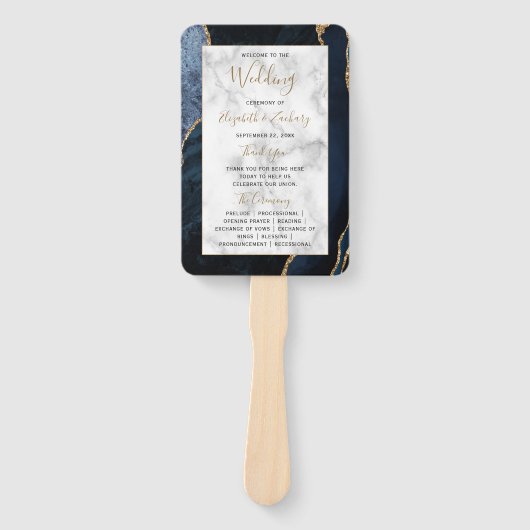 Marine Blauw Goud Agaat Marmer Bruiloft Programma Handwaaier (Voorkant)