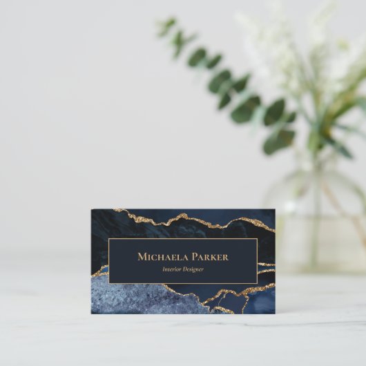 Marine Blauw Goud Agaat Professionele QR Code Visitekaartje (Staand voorkant)