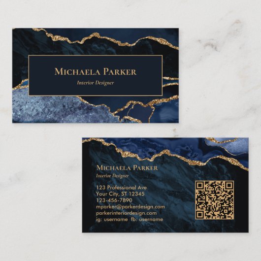 Marine Blauw Goud Agaat Professionele QR Code Visitekaartje (Voorkant / Achterkant)